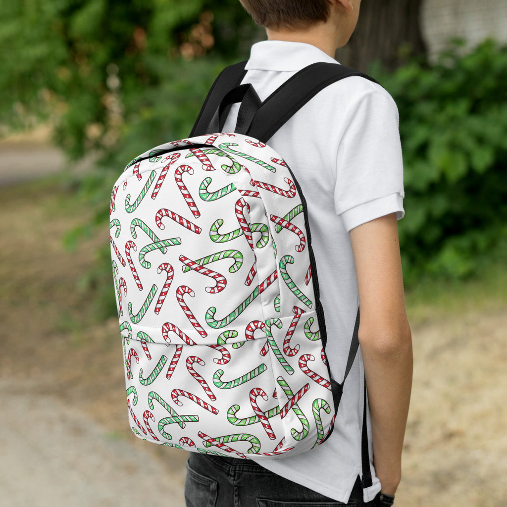 Kids Red & Green Candy Cane Christmas Backpack - Water-Resistant School Bag With Adjustable Padded Straps & Breathable Mesh Back