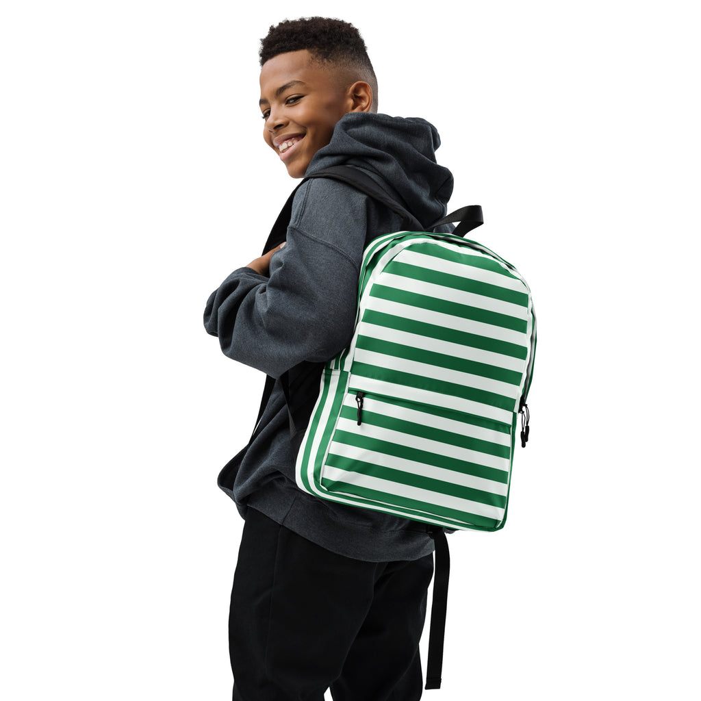 Kids Striped Green Christmas Backpack - Water-Resistant School Bag With Adjustable Padded Straps & Breathable Mesh Back