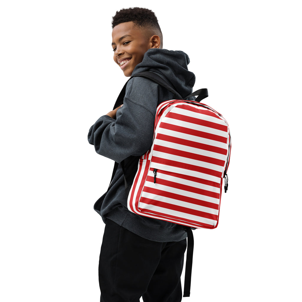 Kids Striped Red Christmas Backpack - Water-Resistant School Bag With Adjustable Padded Straps & Breathable Mesh Back