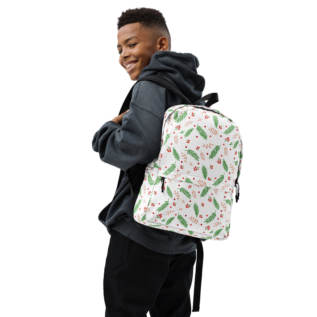 Kids Christmas Holly Leaves Backpack - Water-Resistant School Bag With Adjustable Padded Straps & Breathable Mesh Back