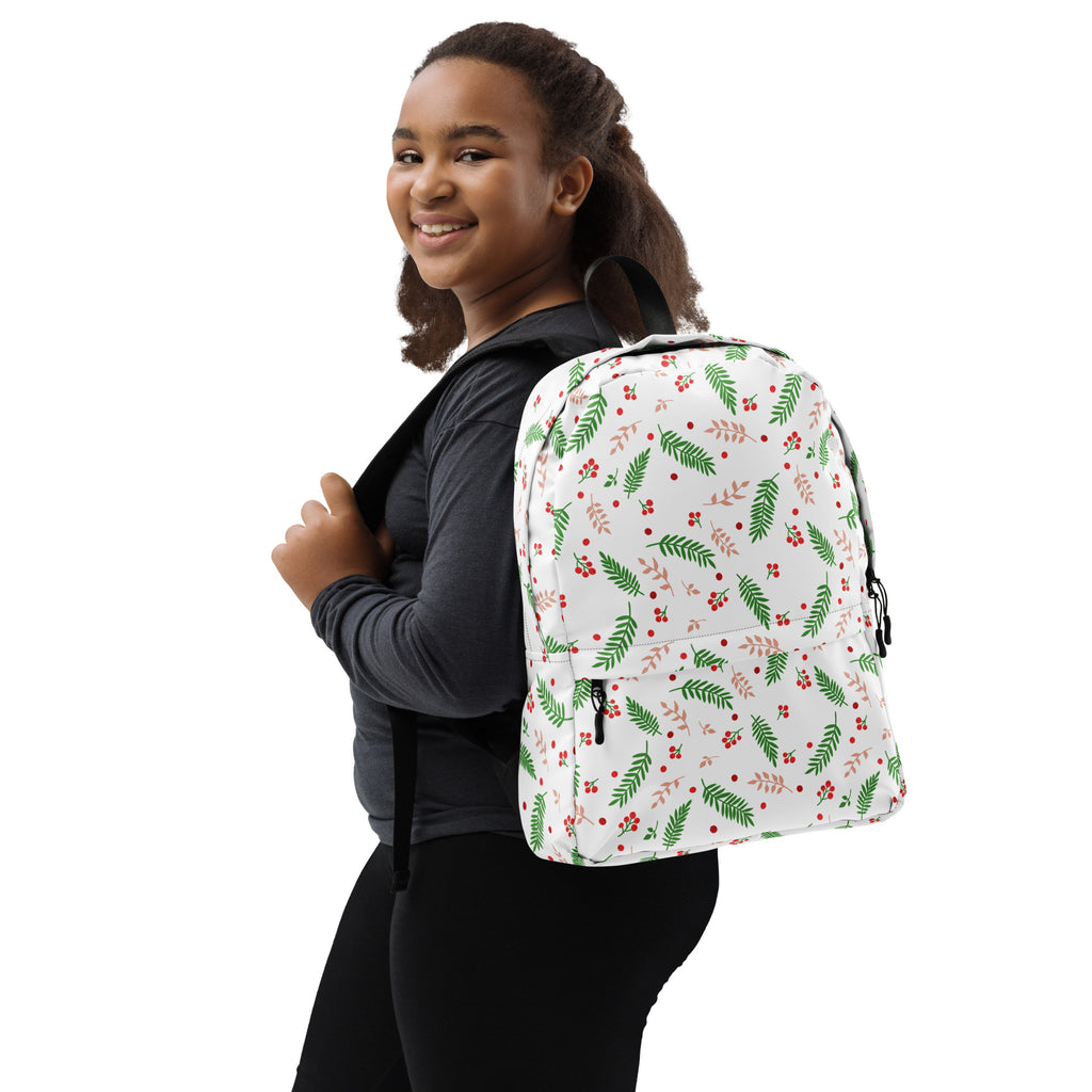 Kids Christmas Holly Leaves Backpack - Water-Resistant School Bag With Adjustable Padded Straps & Breathable Mesh Back