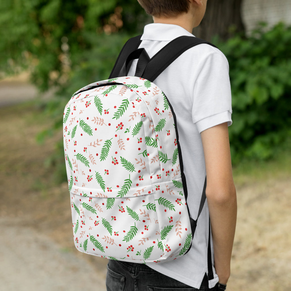 Kids Christmas Holly Leaves Backpack - Water-Resistant School Bag With Adjustable Padded Straps & Breathable Mesh Back