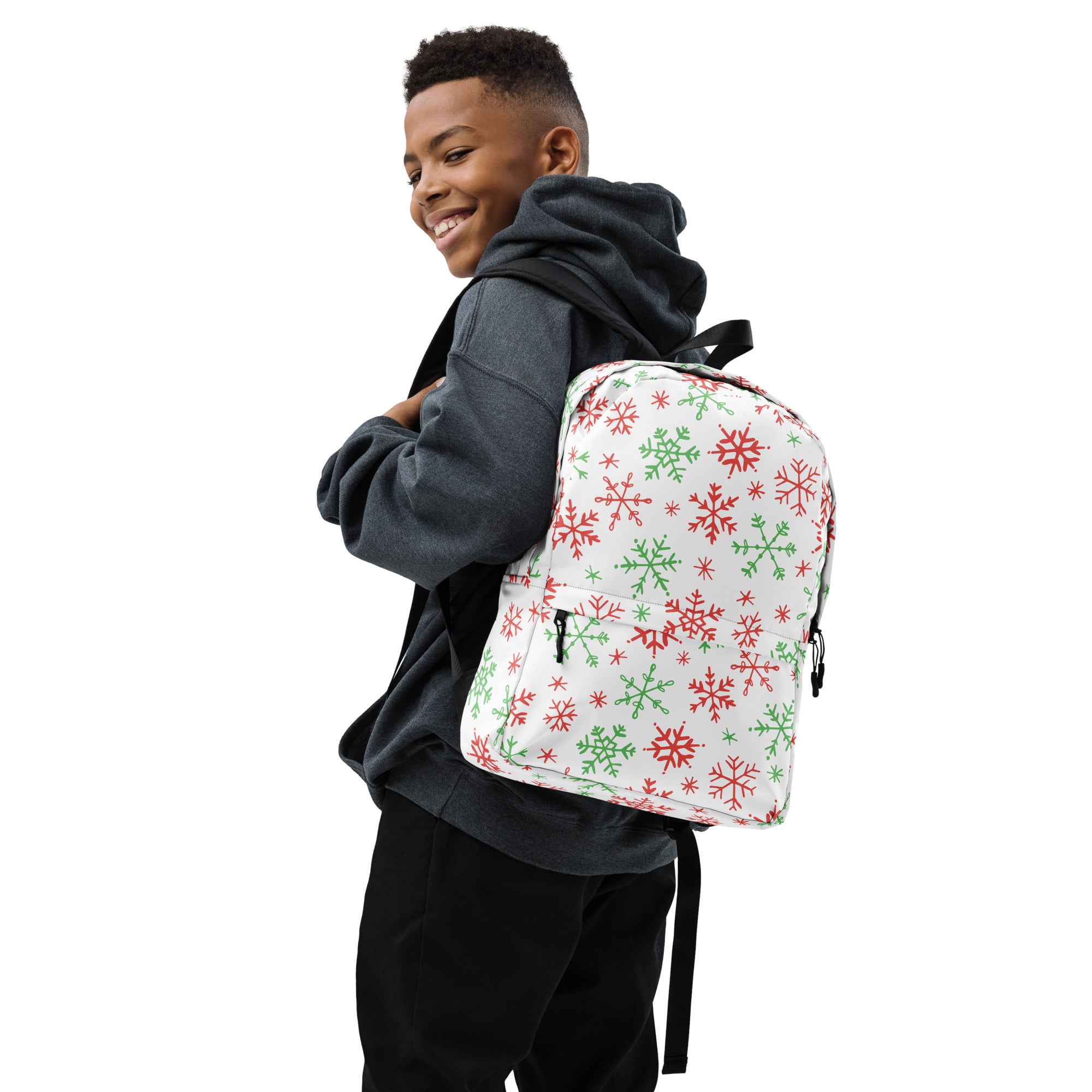 Kids Red and Green Holiday Snowflake Backpack - Water-Resistant School Bag With Adjustable Padded Straps & Breathable Mesh Back