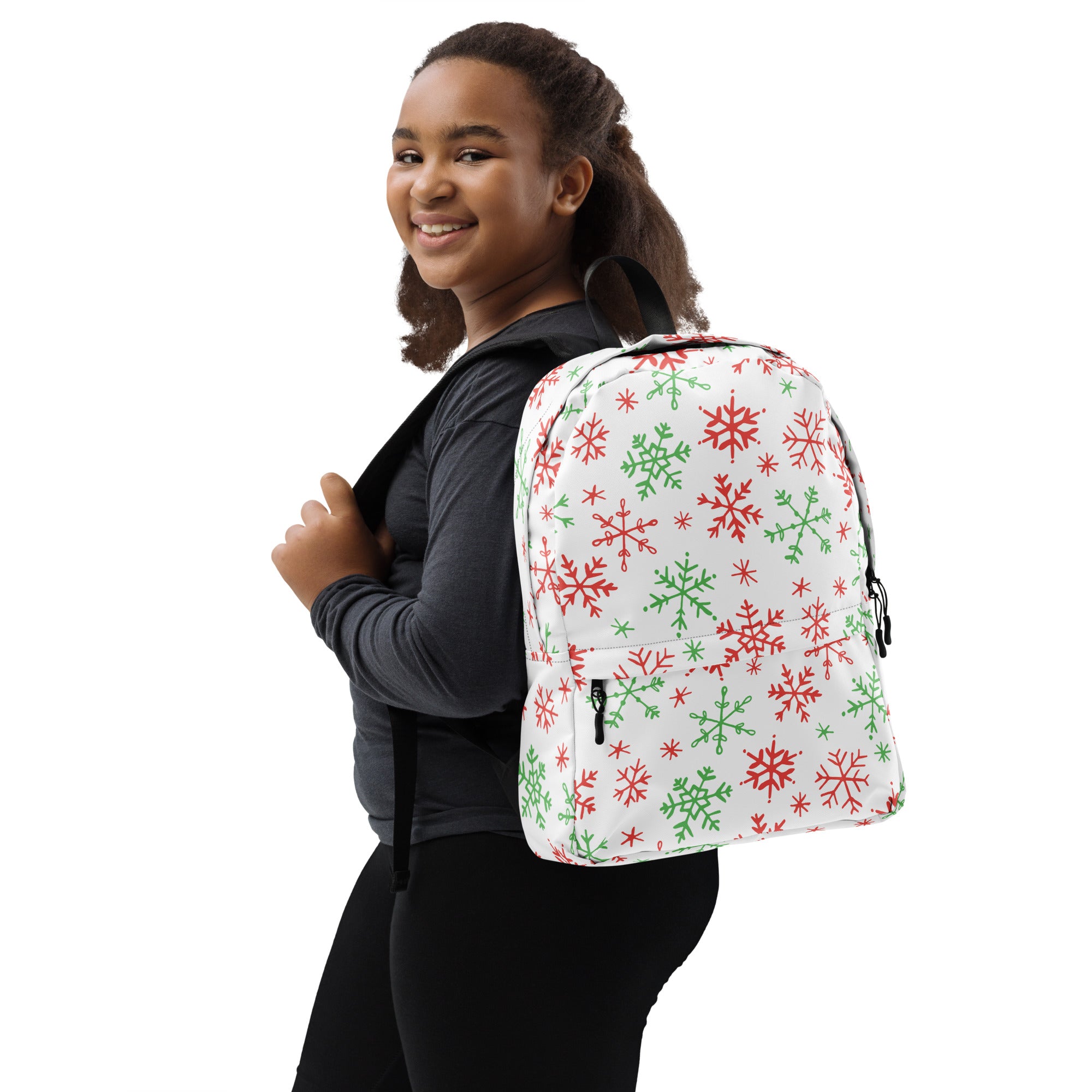 Kids Red and Green Holiday Snowflake Backpack - Water-Resistant School Bag With Adjustable Padded Straps & Breathable Mesh Back