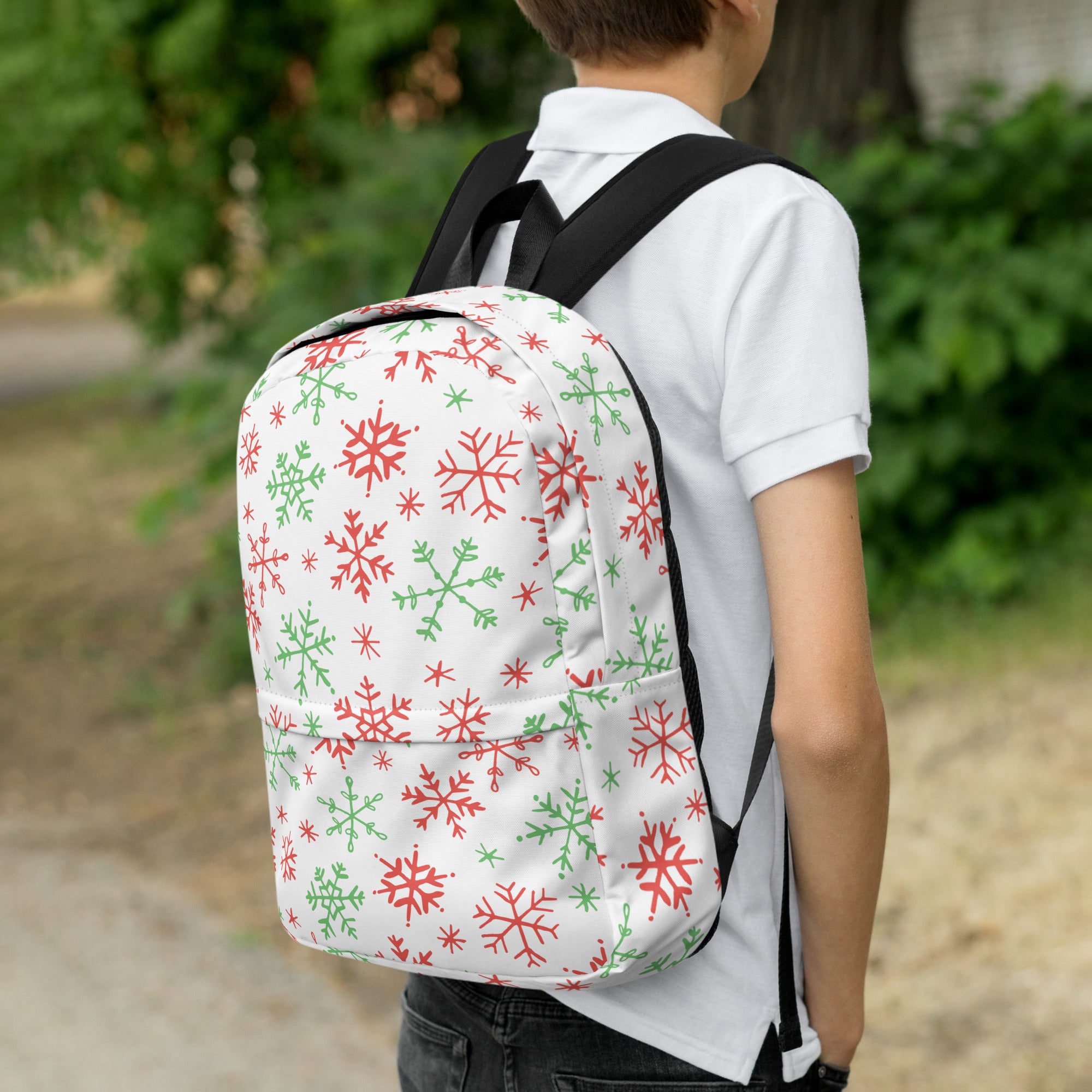 Kids Red and Green Holiday Snowflake Backpack - Water-Resistant School Bag With Adjustable Padded Straps & Breathable Mesh Back