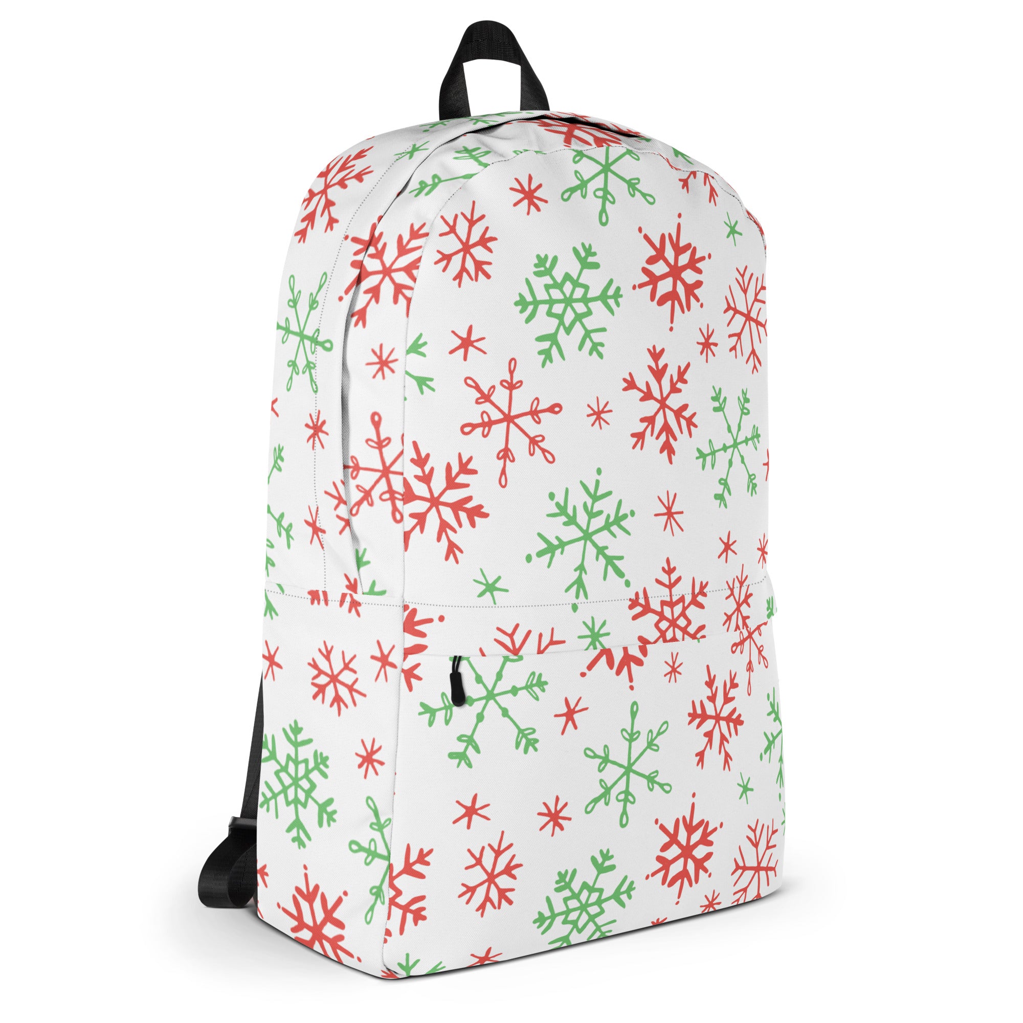 Kids Red and Green Holiday Snowflake Backpack - Water-Resistant School Bag With Adjustable Padded Straps & Breathable Mesh Back