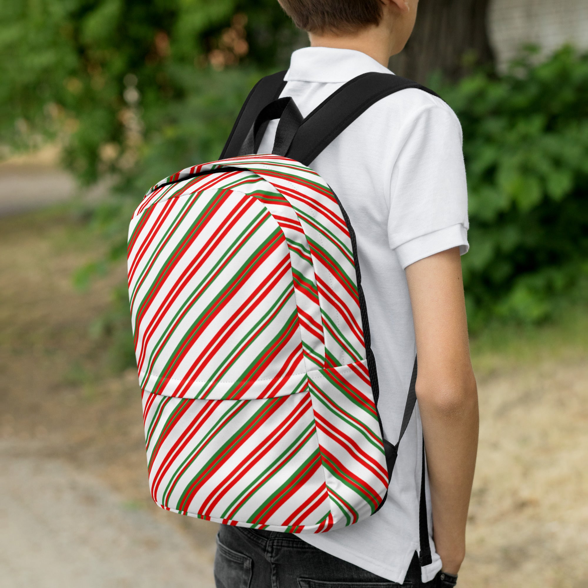 Kids Striped Peppermint Candy Cane Backpack - Water-Resistant School Bag With Adjustable Padded Straps & Breathable Mesh Back
