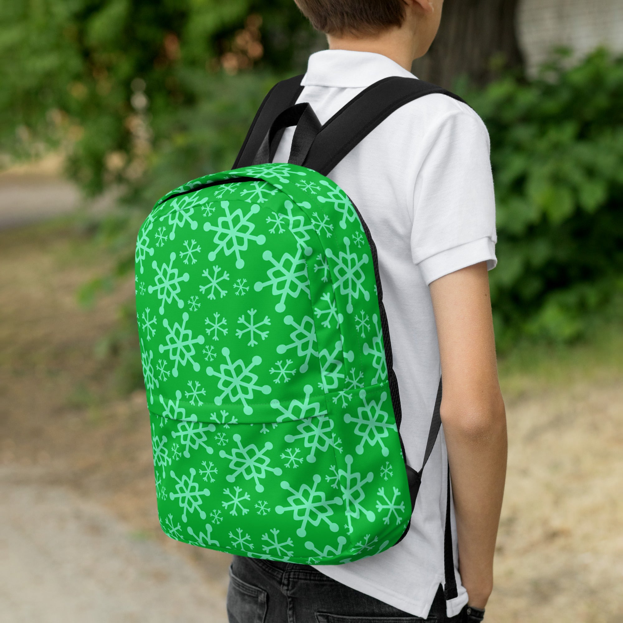 Kids Green Snowflake Backpack - Water-Resistant School Bag With Adjustable Padded Straps & Breathable Mesh Back