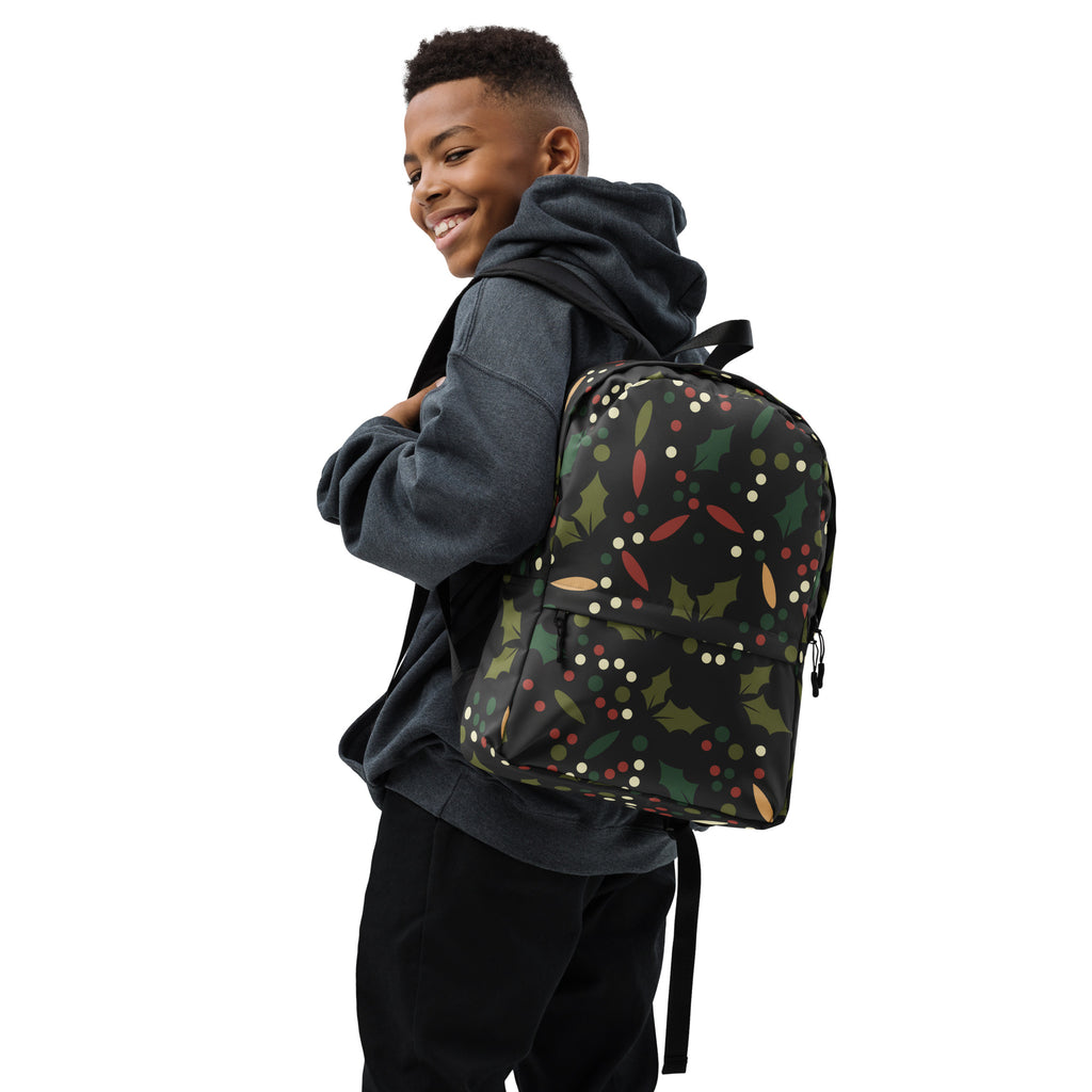 Kids Festive Christmas Holly Backpack - Water-Resistant School Bag With Adjustable Padded Straps & Breathable Mesh Back
