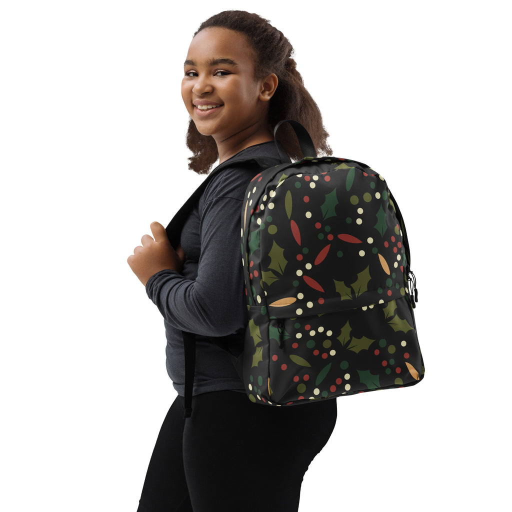 Kids Festive Christmas Holly Backpack - Water-Resistant School Bag With Adjustable Padded Straps & Breathable Mesh Back