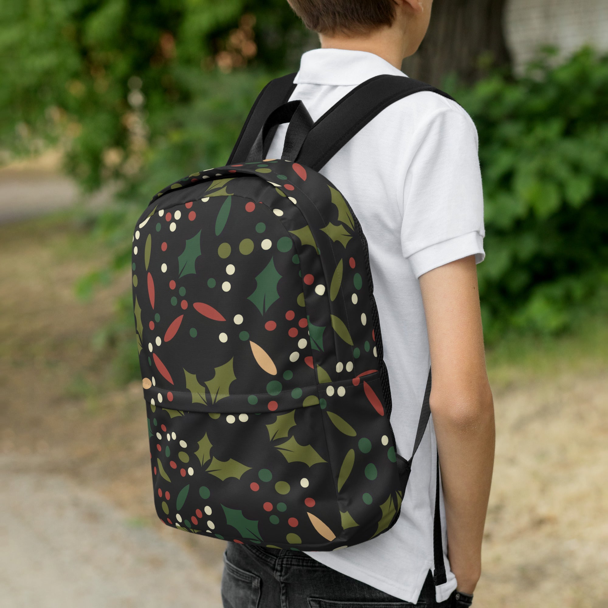 Kids Festive Christmas Holly Backpack - Water-Resistant School Bag With Adjustable Padded Straps & Breathable Mesh Back