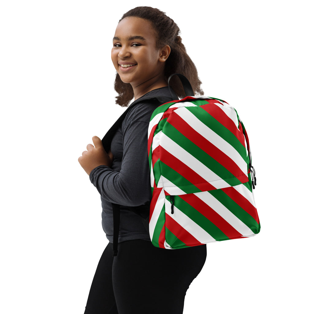 Kids Christmas Candy Cane Stripe Backpack - Water-Resistant School Bag With Adjustable Padded Straps & Breathable Mesh Back