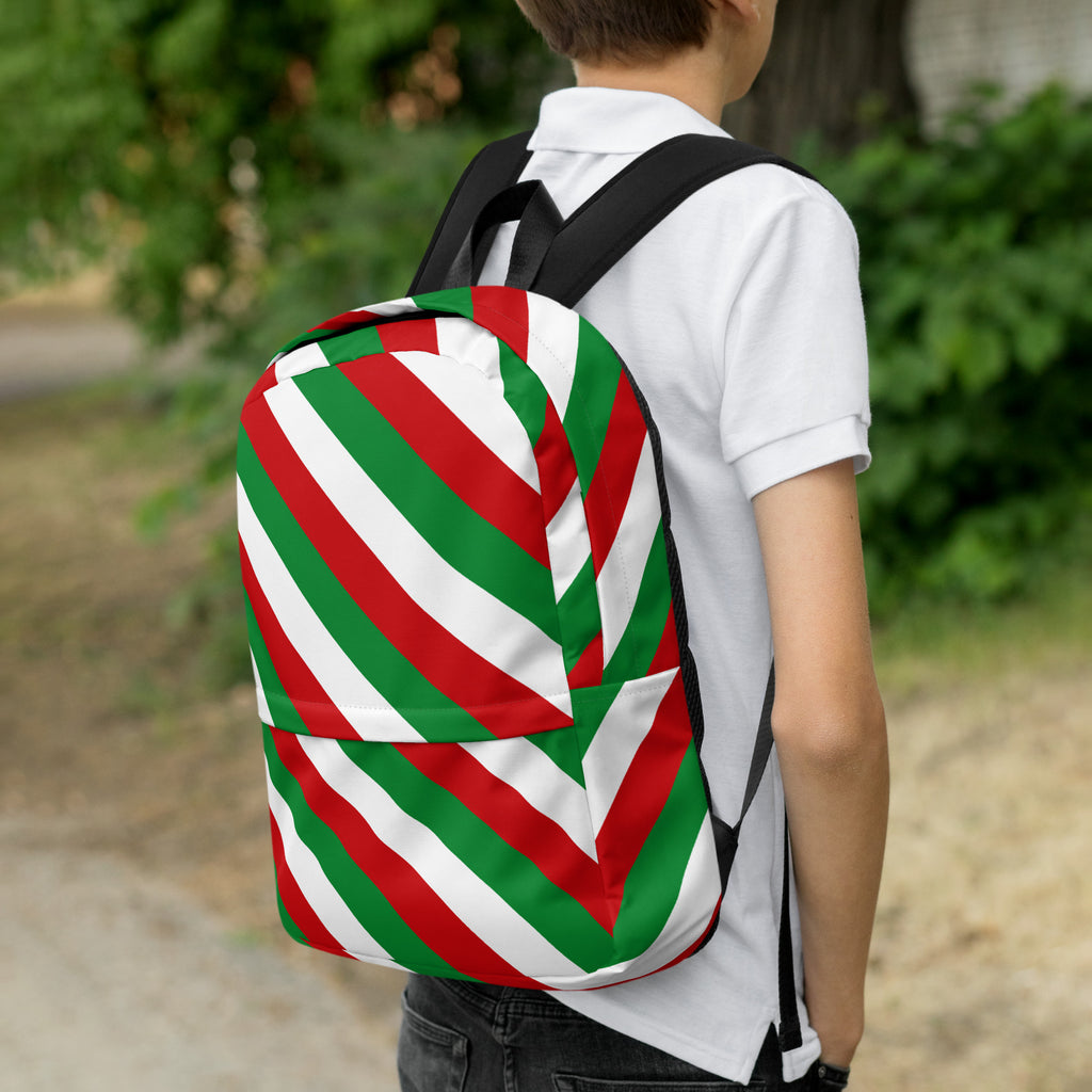 Kids Christmas Candy Cane Stripe Backpack - Water-Resistant School Bag With Adjustable Padded Straps & Breathable Mesh Back