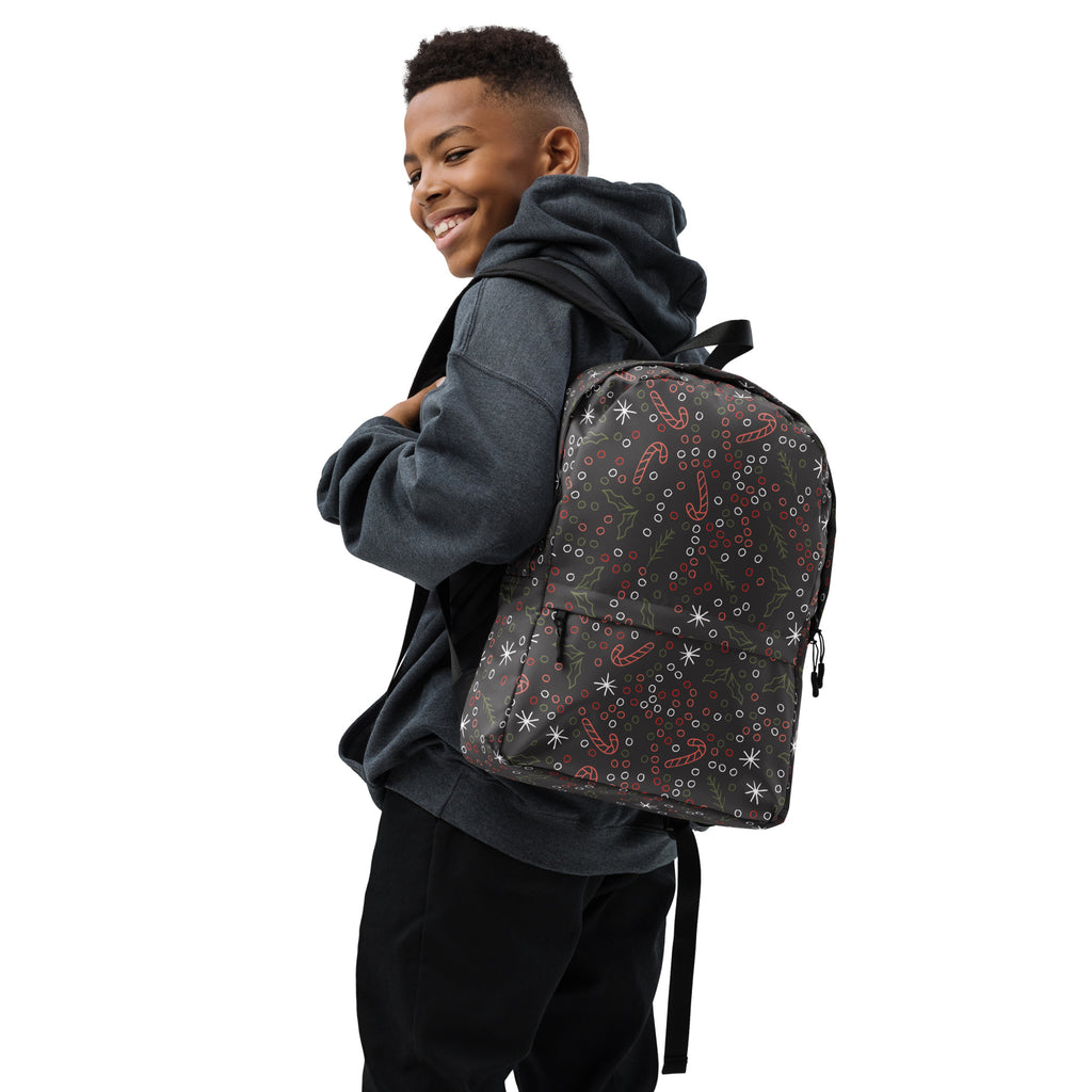 Kids Candy Cane Holly Christmas Backpack - Water-Resistant School Bag With Adjustable Padded Straps & Breathable Mesh Back