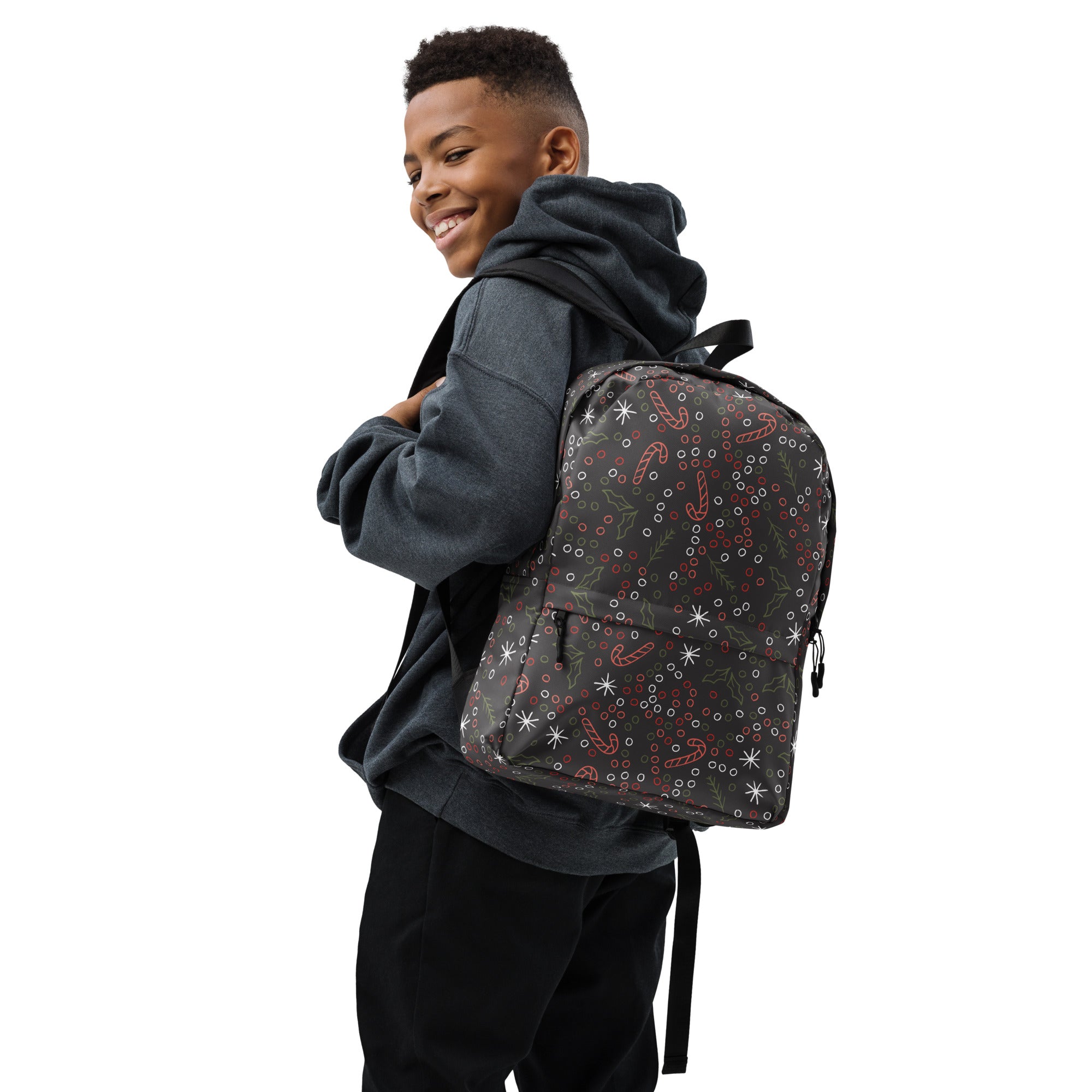Kids Candy Cane Holly Christmas Backpack - Water-Resistant School Bag With Adjustable Padded Straps & Breathable Mesh Back