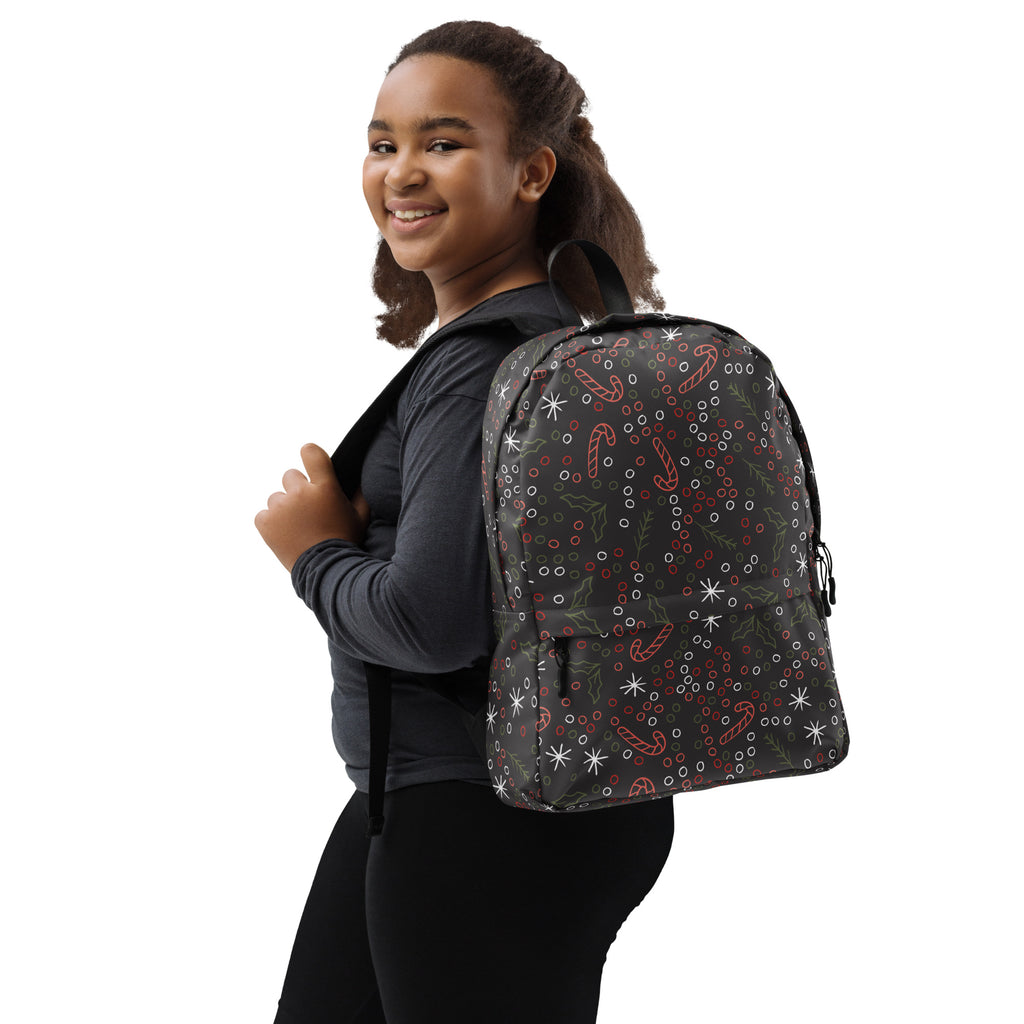 Kids Candy Cane Holly Christmas Backpack - Water-Resistant School Bag With Adjustable Padded Straps & Breathable Mesh Back
