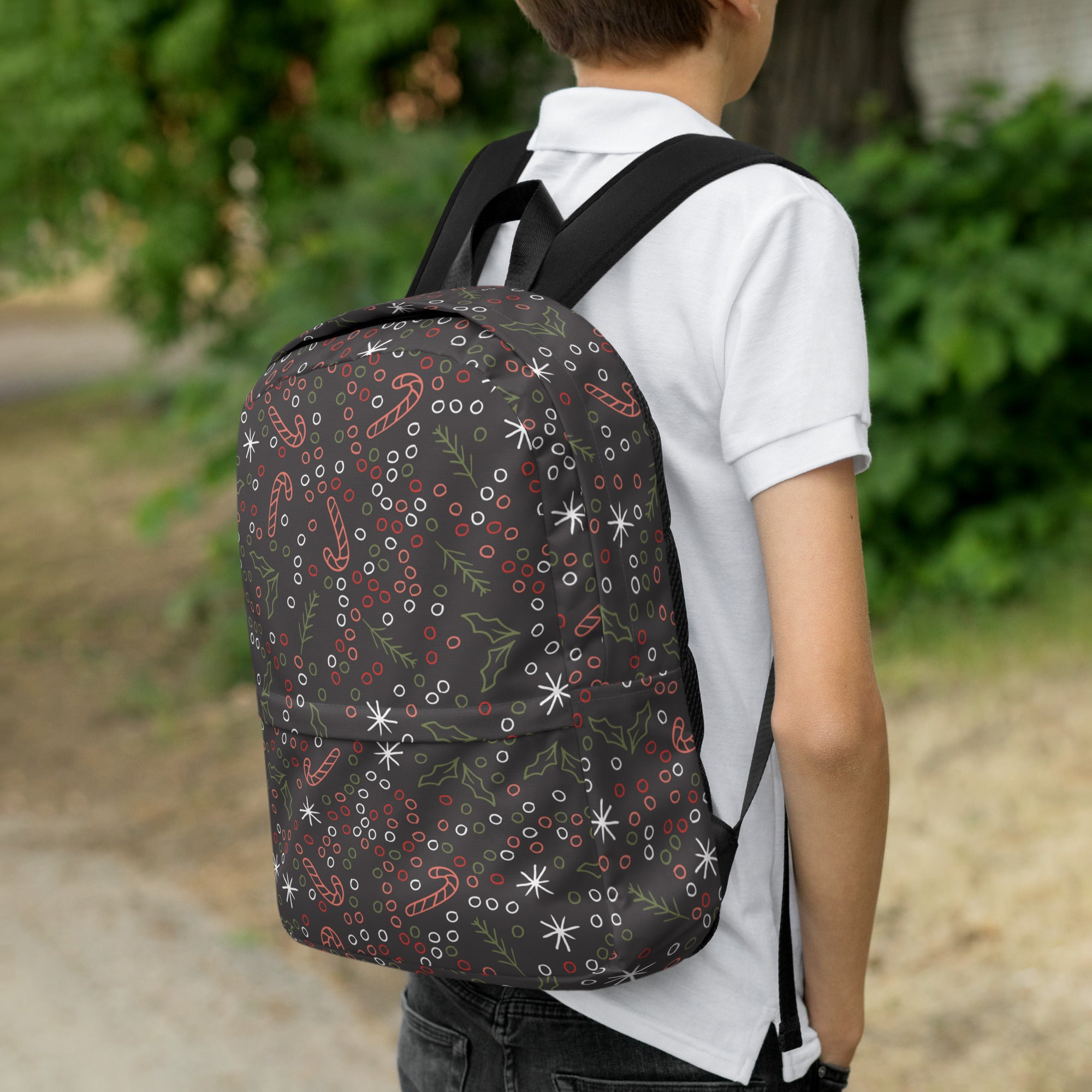 Kids Candy Cane Holly Christmas Backpack - Water-Resistant School Bag With Adjustable Padded Straps & Breathable Mesh Back