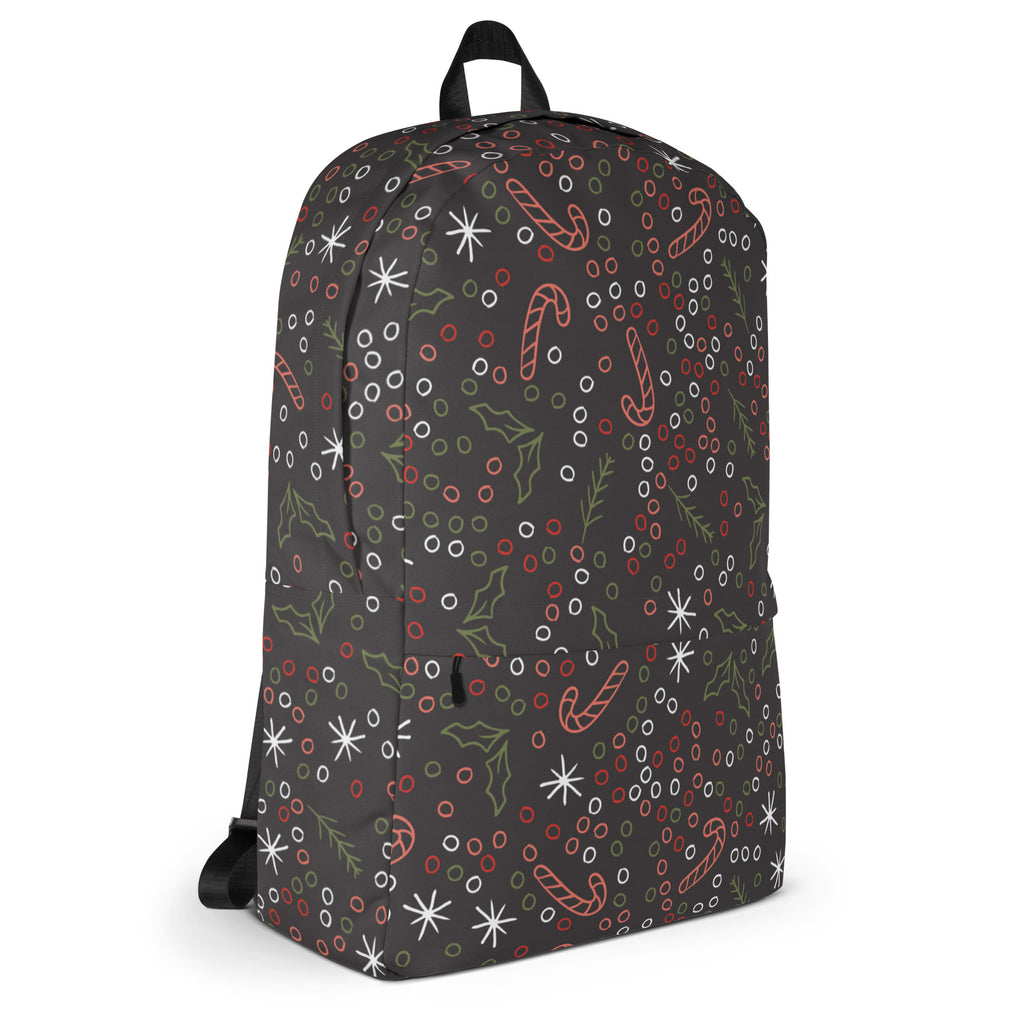 Kids Candy Cane Holly Christmas Backpack - Water-Resistant School Bag With Adjustable Padded Straps & Breathable Mesh Back