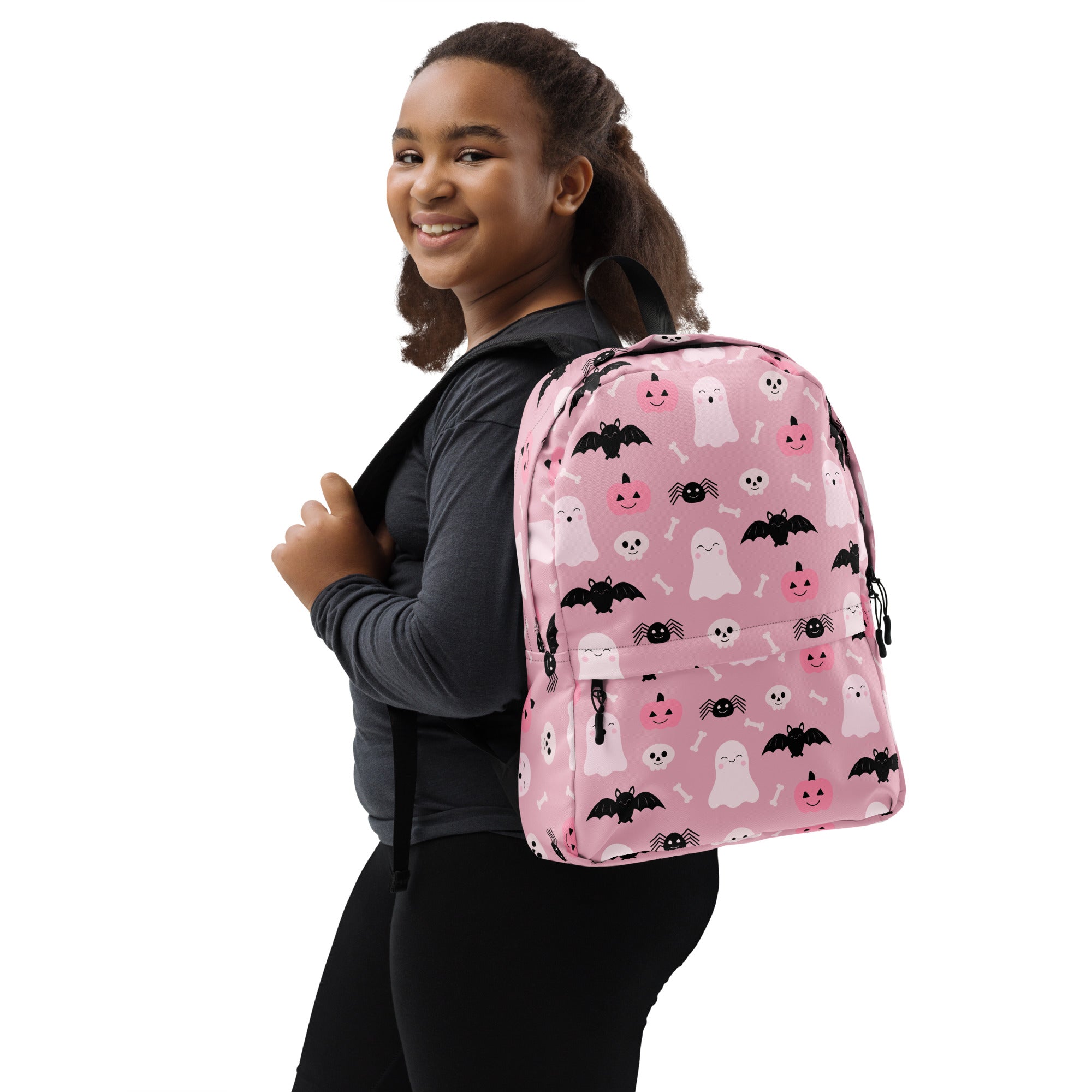 Girls Cute Ghost And Bats Pink Halloween Backpack - Water-Resistant School Bag With Adjustable Padded Straps & Breathable Mesh Back