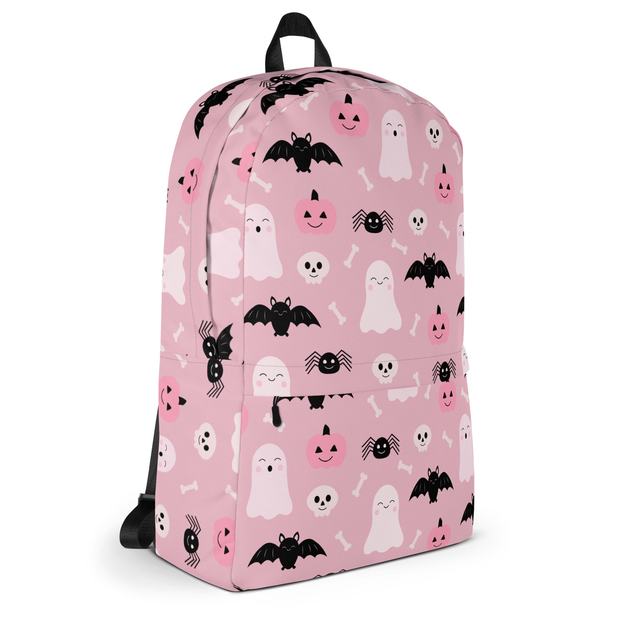 Girls Cute Ghost And Bats Pink Halloween Backpack - Water-Resistant School Bag With Adjustable Padded Straps & Breathable Mesh Back