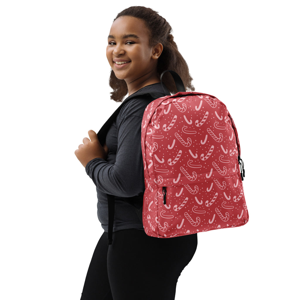 Kids Red Candy Cane Christmas Backpack - Water-Resistant School Bag With Adjustable Padded Straps & Breathable Mesh Back