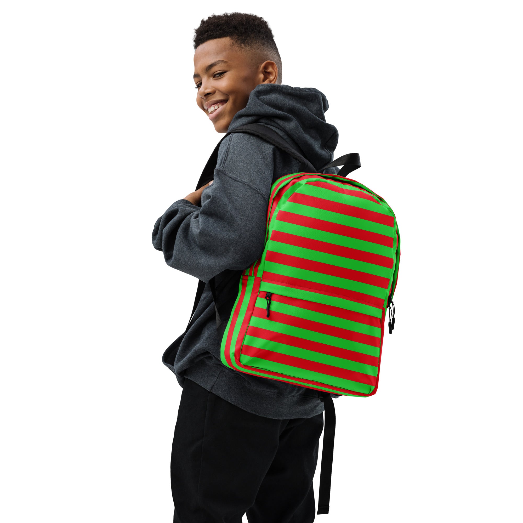 Kids Striped Red & Green Christmas Backpack - Water-Resistant School Bag With Adjustable Padded Straps & Breathable Mesh Back