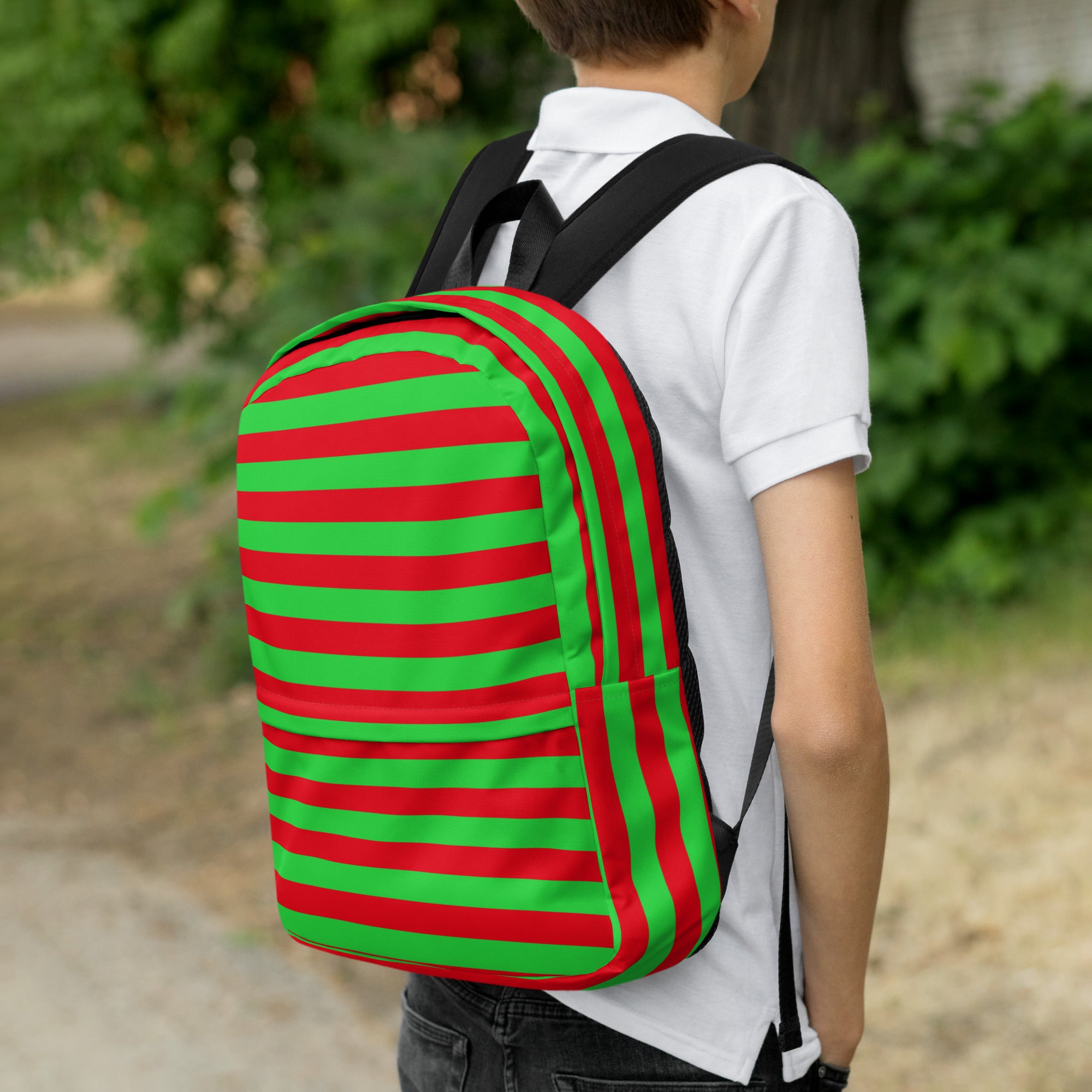 Kids Striped Red & Green Christmas Backpack - Water-Resistant School Bag With Adjustable Padded Straps & Breathable Mesh Back