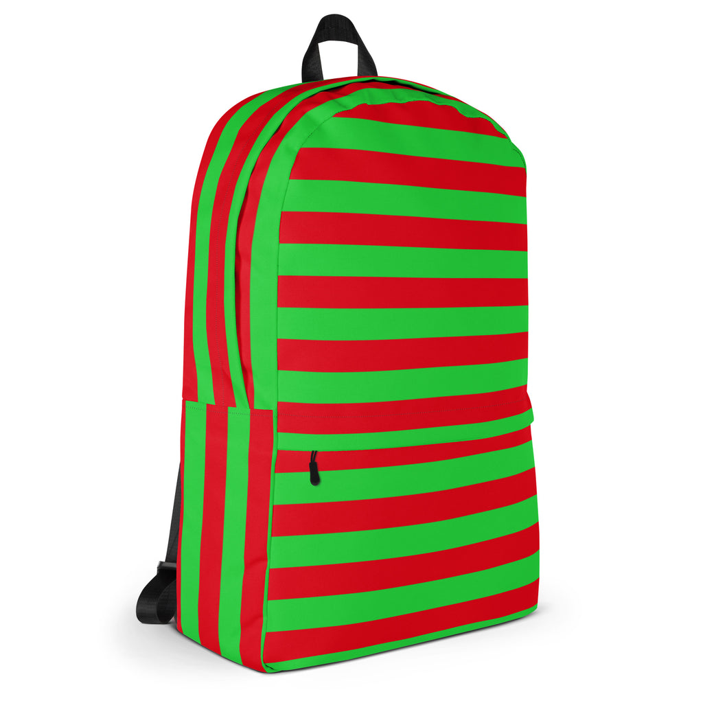 Kids Striped Red & Green Christmas Backpack - Water-Resistant School Bag With Adjustable Padded Straps & Breathable Mesh Back