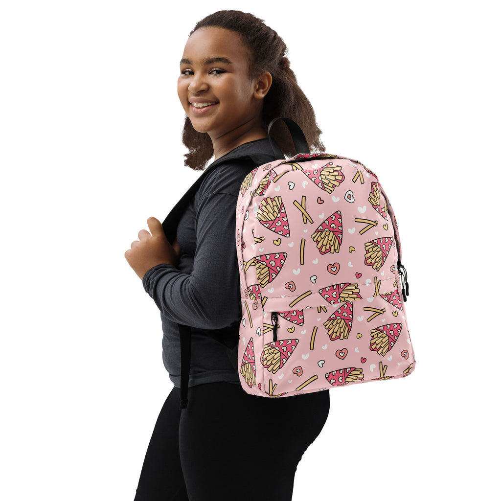 Girls Pink French Fries Backpack - Water-Resistant School Bag With Adjustable Padded Straps & Breathable Mesh Back