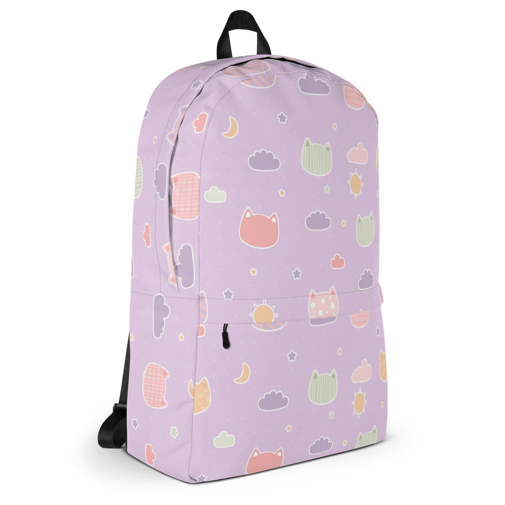 Girls Pastel Purple Kawaii Cats & Clouds Backpack - Water-Resistant School Bag With Adjustable Padded Straps & Breathable Mesh Back