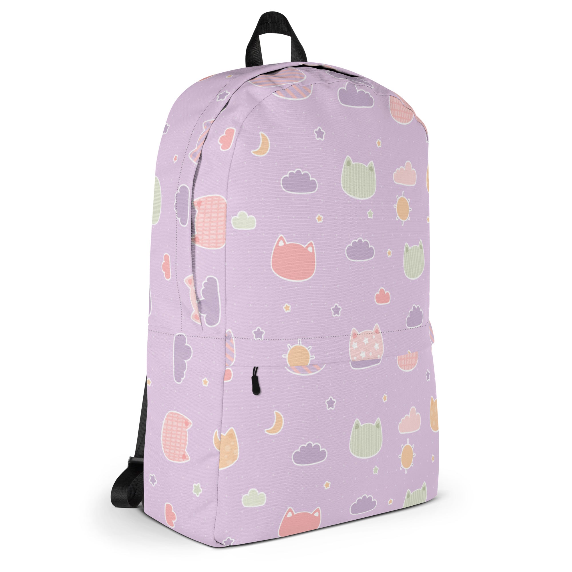 Girls Pastel Purple Kawaii Cats & Clouds Backpack - Water-Resistant School Bag With Adjustable Padded Straps & Breathable Mesh Back