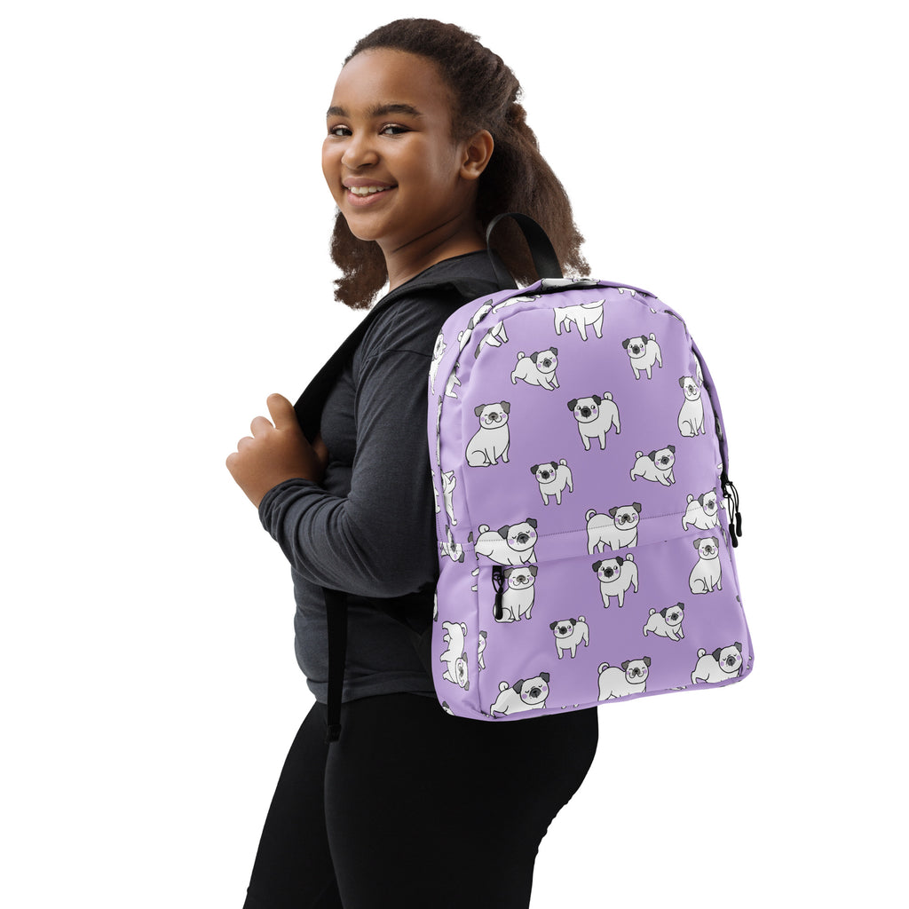 Kids Purple Pug Backpack - Water-Resistant School Bag With Adjustable Padded Straps & Breathable Mesh Back