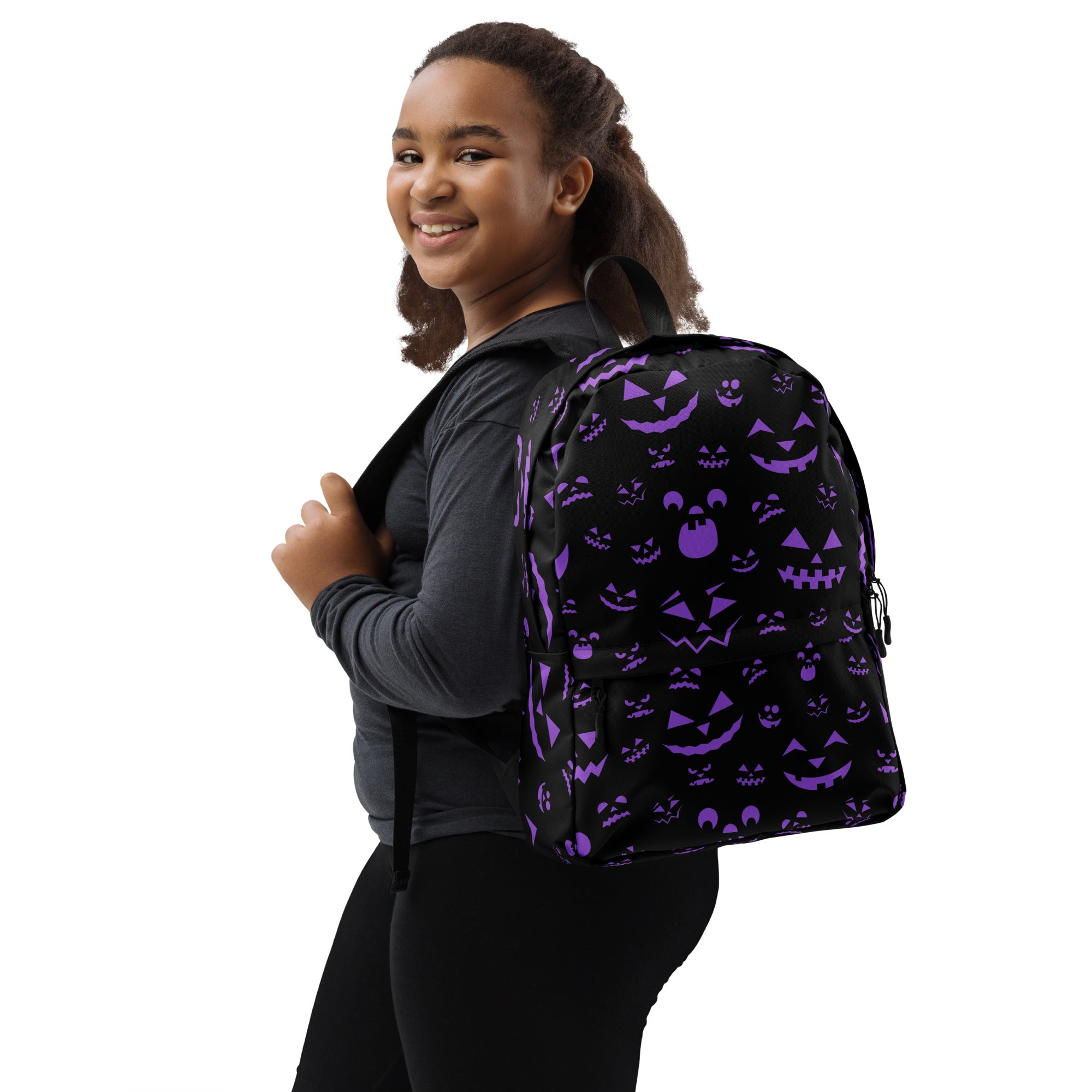 Kids Purple Jack-O’-Lantern Halloween Backpack - Water-Resistant School Bag With Adjustable Padded Straps & Breathable Mesh Back