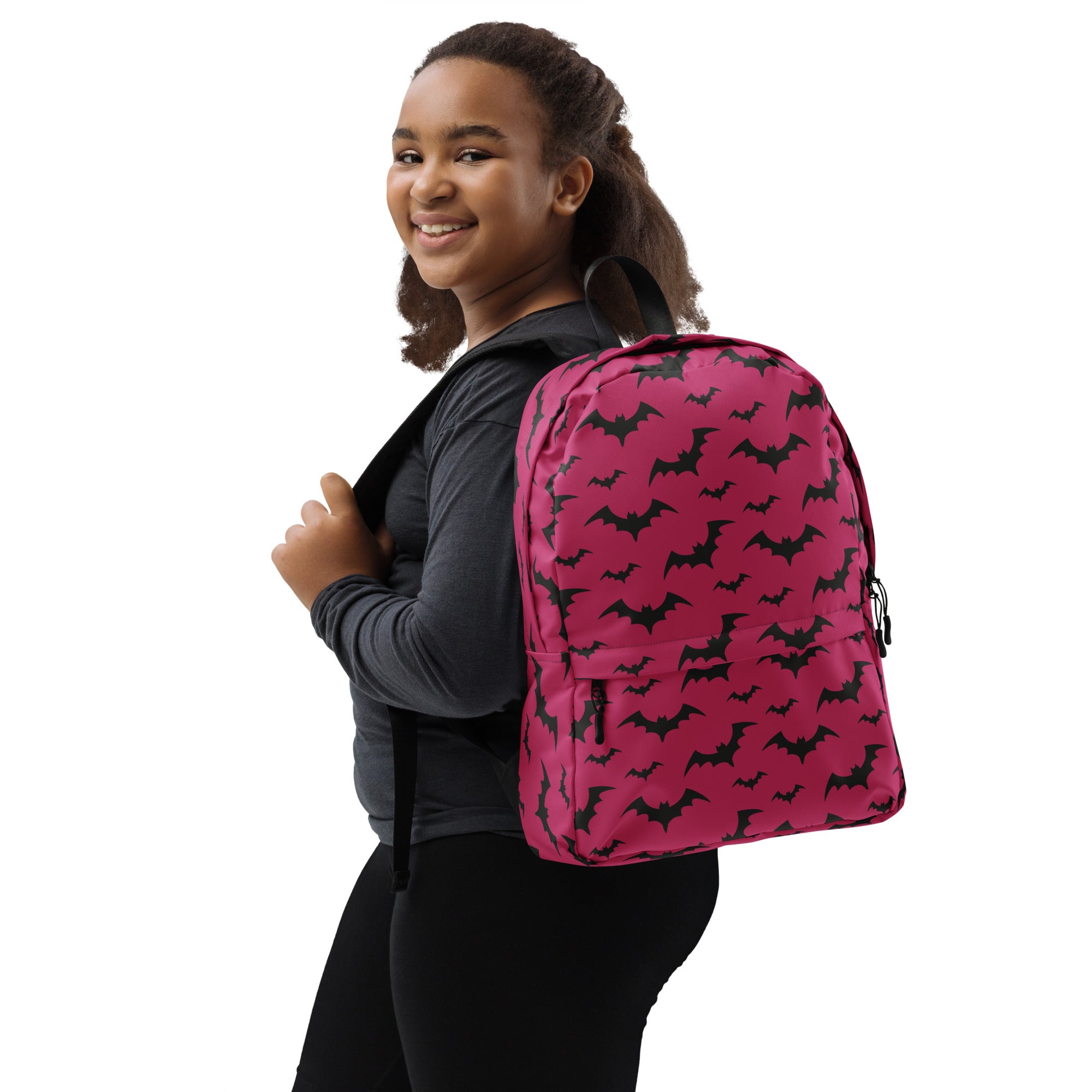 Girls Dark Pink Bats Backpack - Water-Resistant School Bag With Adjustable Padded Straps & Breathable Mesh Back