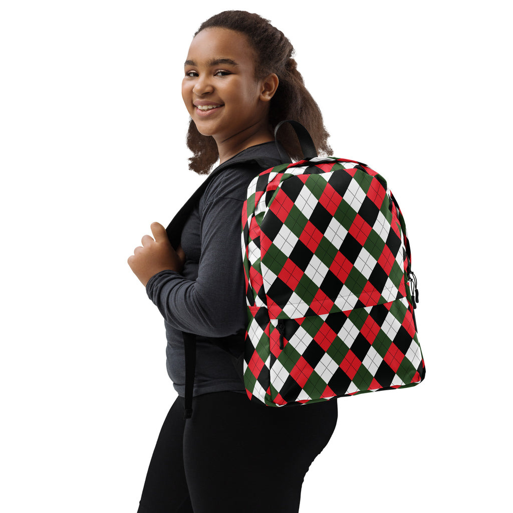 Kids Christmas Argyle Backpack - Water-Resistant School Bag With Adjustable Padded Straps & Breathable Mesh Back