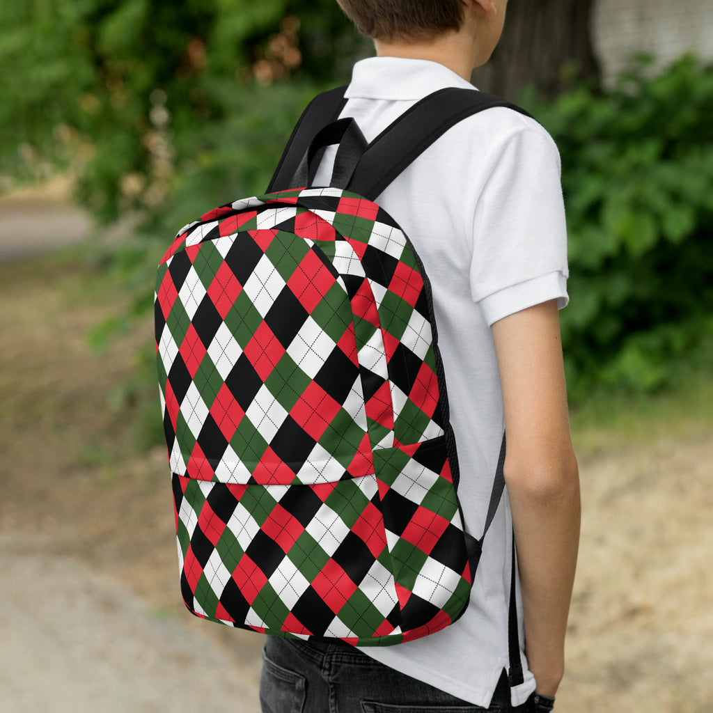 Kids Christmas Argyle Backpack - Water-Resistant School Bag With Adjustable Padded Straps & Breathable Mesh Back