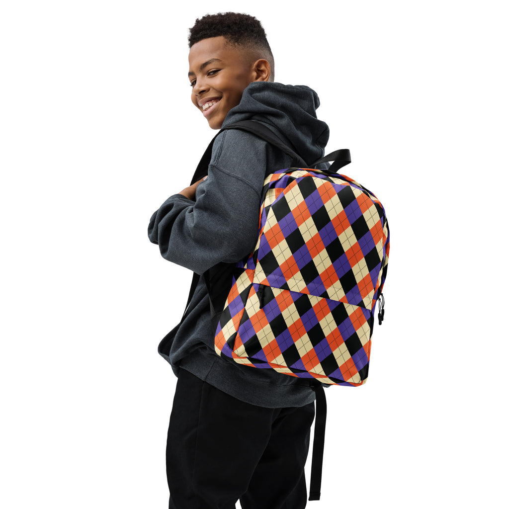 Kids Halloween Argyle Backpack - Water-Resistant School Bag With Adjustable Padded Straps & Breathable Mesh Back