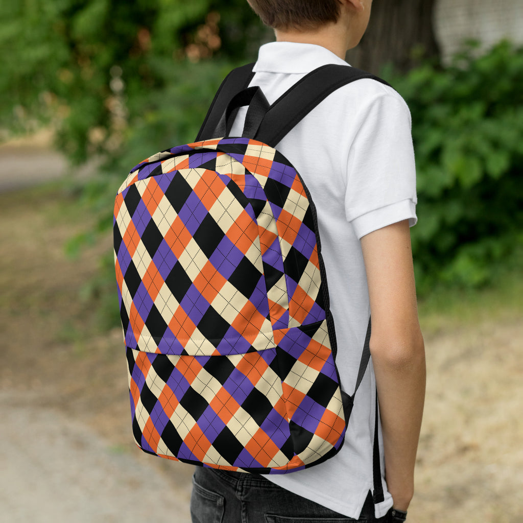 Kids Halloween Argyle Backpack - Water-Resistant School Bag With Adjustable Padded Straps & Breathable Mesh Back