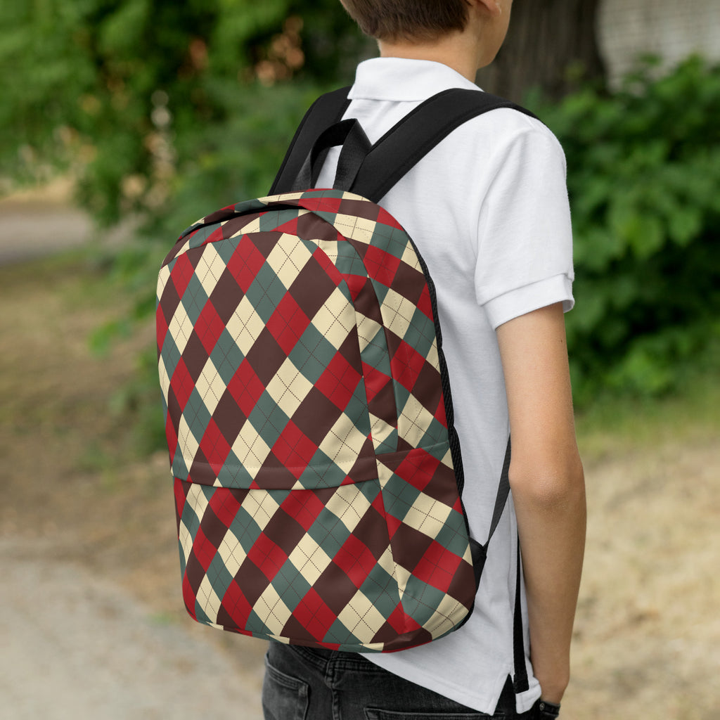 Kids Rustic Argyle Christmas Backpack - Water-Resistant School Bag With Adjustable Padded Straps & Breathable Mesh Back