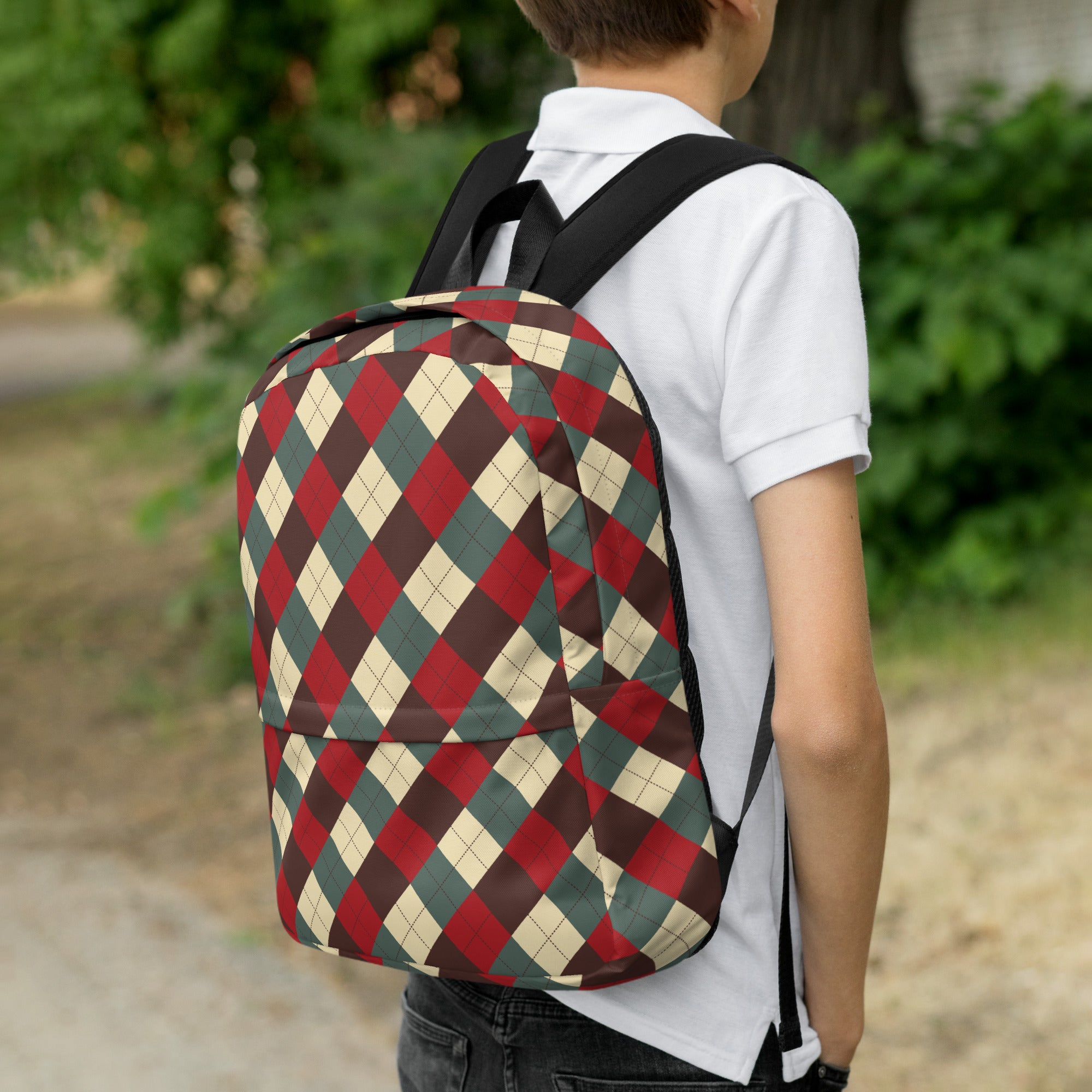 Kids Rustic Argyle Christmas Backpack - Water-Resistant School Bag With Adjustable Padded Straps & Breathable Mesh Back