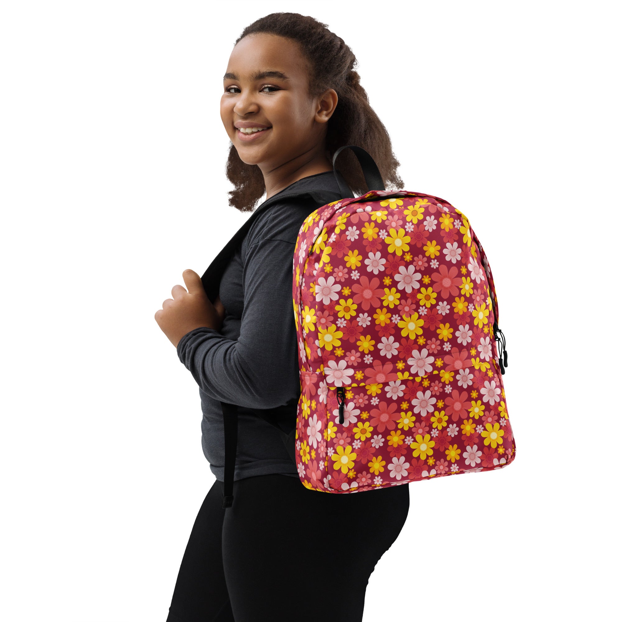 Girls Red Floral Backpack - Water-Resistant School Bag With Adjustable Padded Straps & Breathable Mesh Back