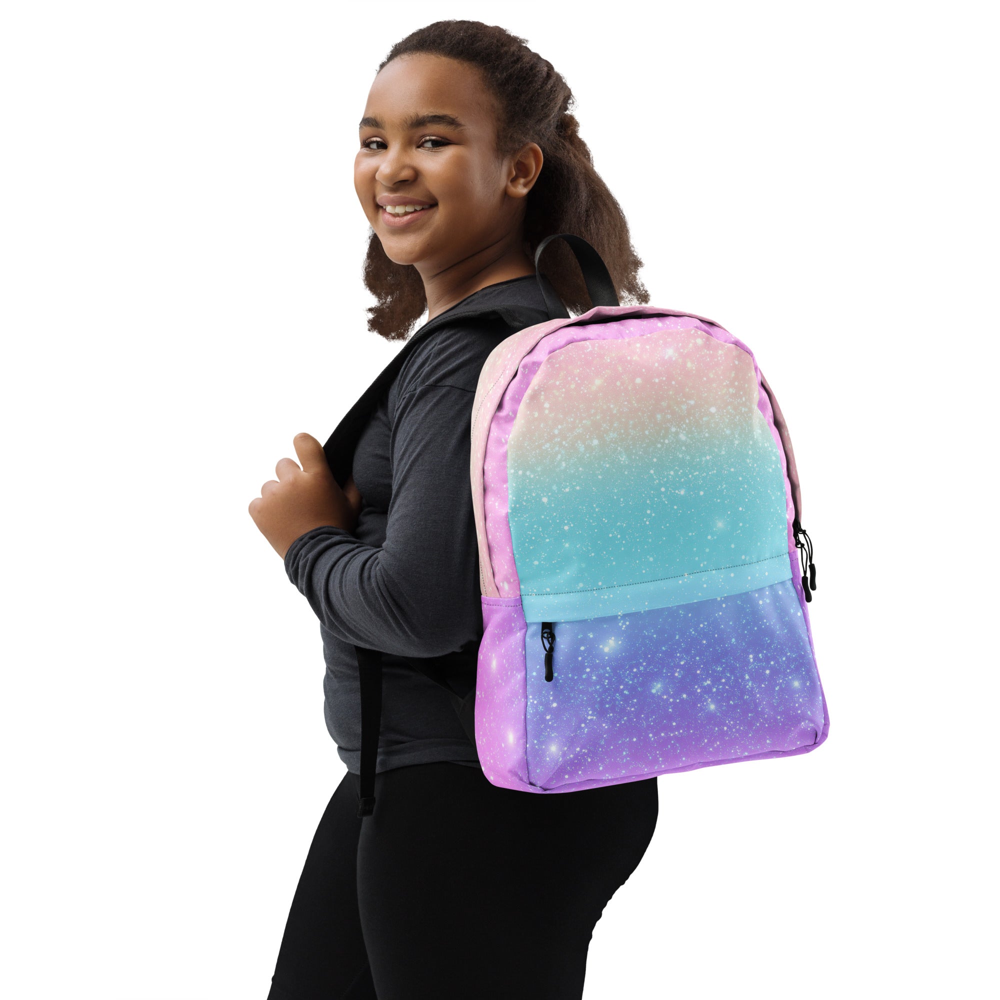 Girls Faux Sparkle Effect Rainbow Backpack - Water-Resistant School Bag With Adjustable Padded Straps & Breathable Mesh Back