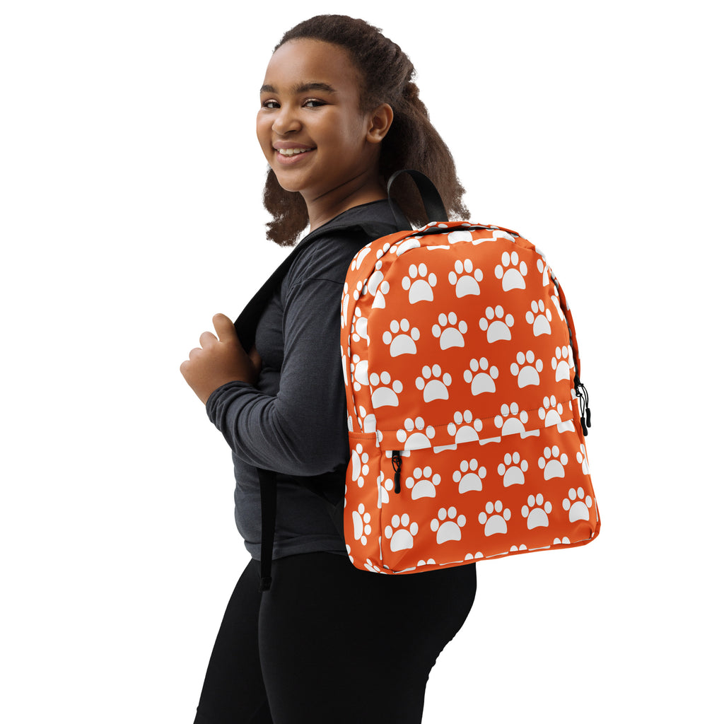 Kids Orange Paw Print Backpack - Water-Resistant School Bag With Adjustable Padded Straps & Breathable Mesh Back