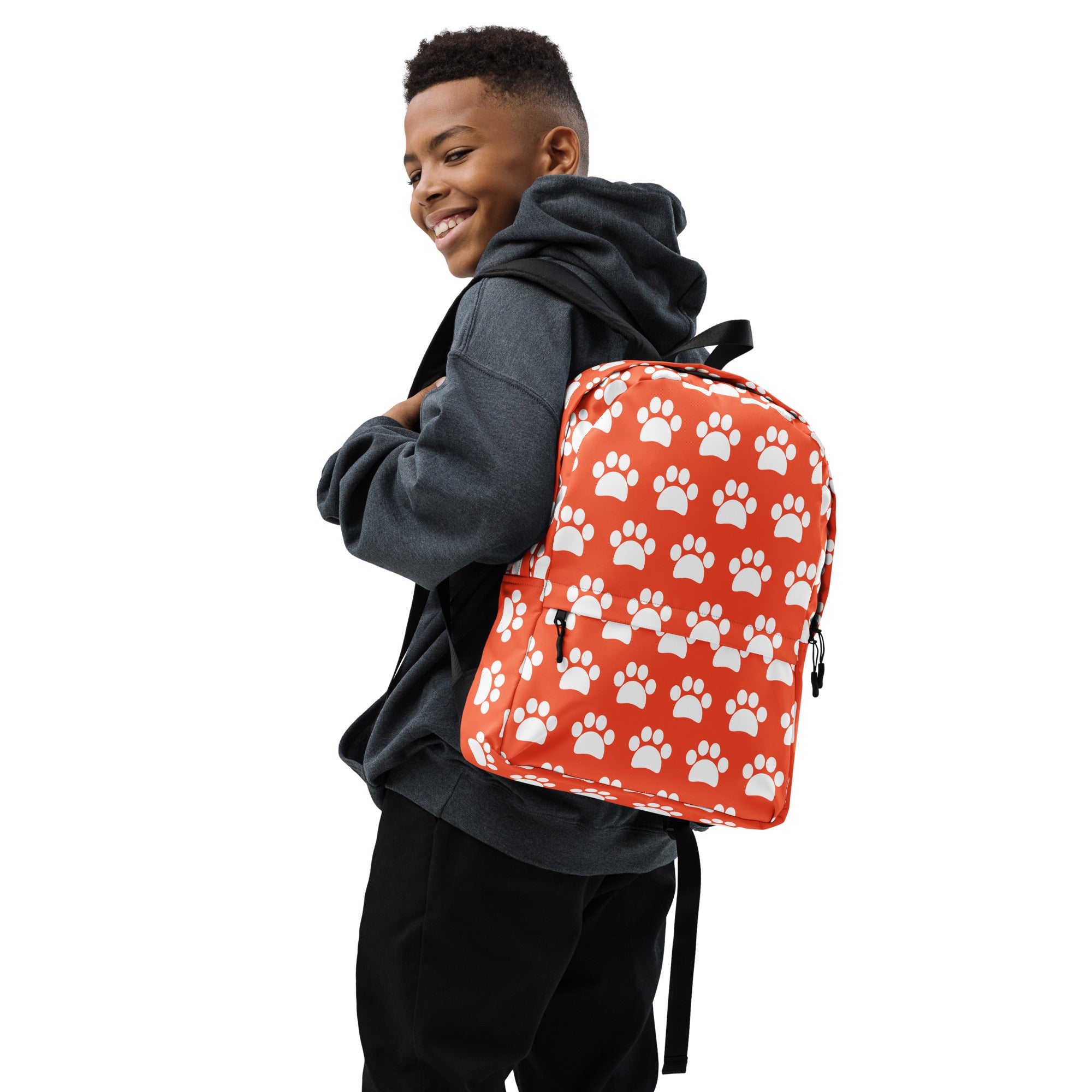 Kids Bright Orange Paw Print Backpack - Water-Resistant School Bag With Adjustable Padded Straps & Breathable Mesh Back