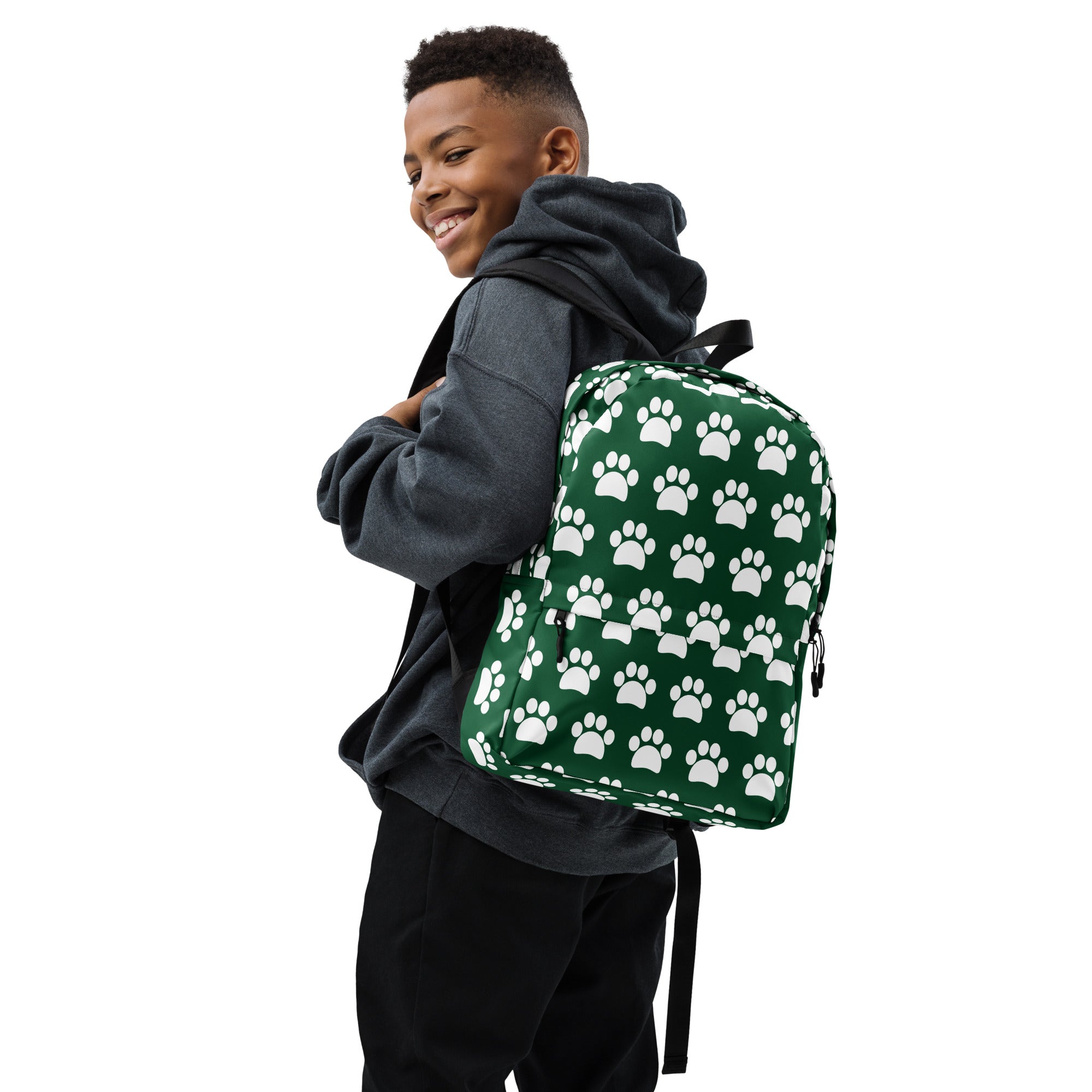 Kids Forest Green Paw Print Backpack - Water-Resistant School Bag With Adjustable Padded Straps & Breathable Mesh Back