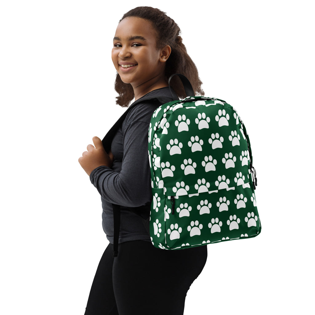 Kids Forest Green Paw Print Backpack - Water-Resistant School Bag With Adjustable Padded Straps & Breathable Mesh Back