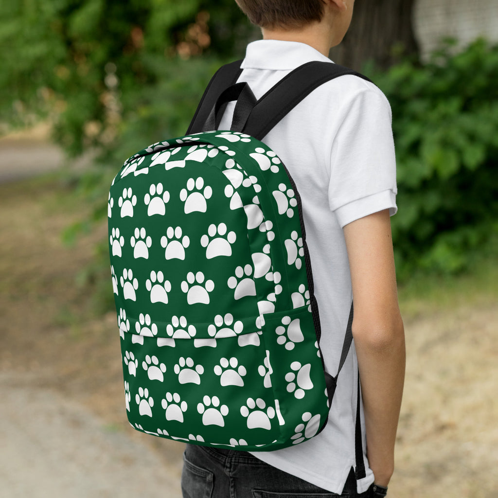 Kids Forest Green Paw Print Backpack - Water-Resistant School Bag With Adjustable Padded Straps & Breathable Mesh Back