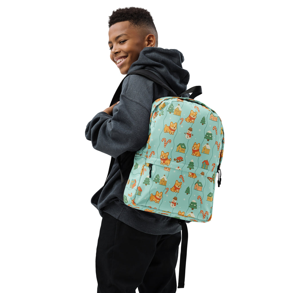 Kids Corgi Winter Winderland Backpack - Water-Resistant School Bag With Adjustable Padded Straps & Breathable Mesh Back