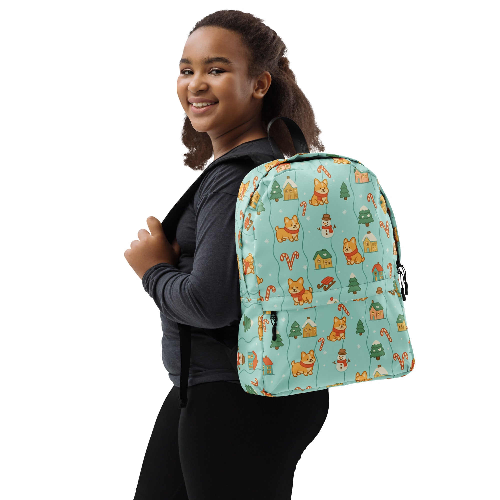 Kids Corgi Winter Winderland Backpack - Water-Resistant School Bag With Adjustable Padded Straps & Breathable Mesh Back