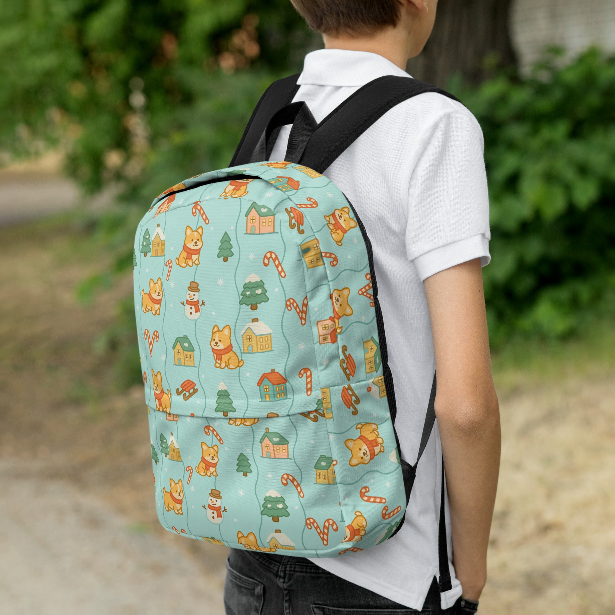 Kids Corgi Winter Winderland Backpack - Water-Resistant School Bag With Adjustable Padded Straps & Breathable Mesh Back